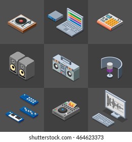 Hip-Hop Rap Sound Recording Studio Icons Set. 3D Isometric Low Poly Flat Design. Vector illustration.