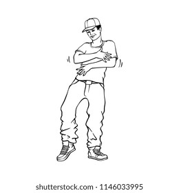Hip-hop or rap style concept with young man in sneakers and snapback standing in rapper style isolated on white background. Black hand drawn line vector illustration of youth urban culture.