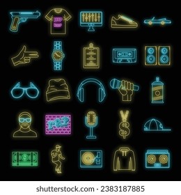 Hiphop rap swag music dance icons set. Outline illustration of 16 hiphop rap swag music dance vector icons neon color on black