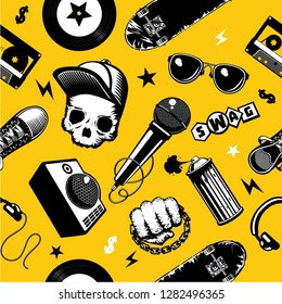 Hip-hop seamless pattern with music equipment. Street culture background.