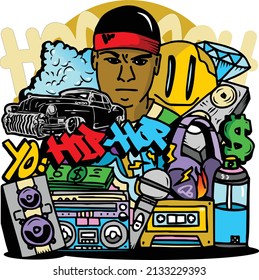 Hip-hop themed illustration, perfect for t-shirt, sticker or hoodie designs.