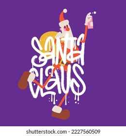 Hiphop Urban Style Santa Claus Spraying Graffity. Spay textured lettering collage with Santa groocy character. Vector Illustration Art Template. Tee sublimation print