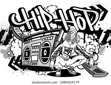 Hiphop vector illustration. Cool hiphop tshirt or wall art design in graffiti style