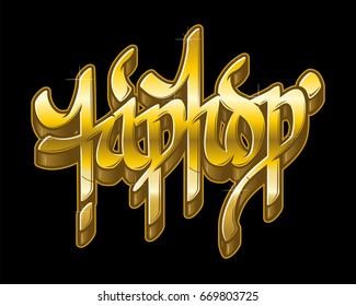 Hip-Hop word in graffiti style in metal golden colors. Gold text vector isolated on black background.