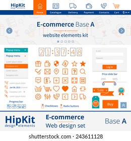 HipKit E-commerce web design elements set. Base A. Contains menu icons, popup menu, slide bar, authorization form, 30 icons. Line thickness fully editable. Text outlined. Free font Source Sans Pro
