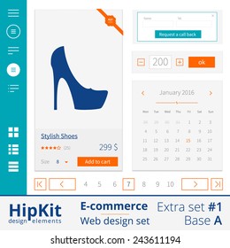 HipKit E-commerce web design elements extra set 1. Base A. Contains sidebar, item description, calendar, call back, pagination. Line thickness fully editable. Text outlined. Free font Source Sans Pro