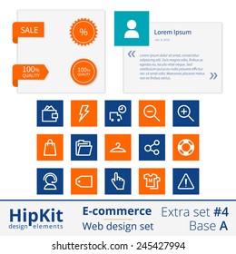 HipKit E-commerce web design elements extra set 4. Base A. Contains testimonials form, labels sale and 100 quality, 15 icons. Line thickness fully editable. Text outlined. Free font Source Sans Pro