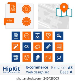 HipKit E-commerce web design elements extra set 3. Base A. Contains map design, labels free delivery and new, 15 icons. Line thickness fully editable. Text outlined. Free font Source Sans Pro