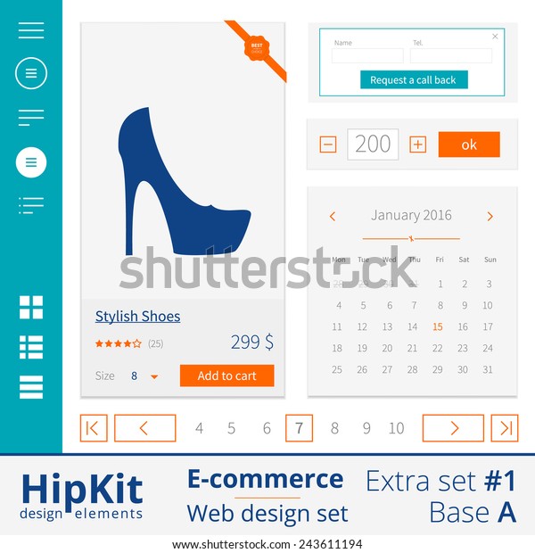 HipKit E-commerce web design elements extra set 1.
Base A. Contains sidebar, item description, calendar, call back,
pagination. Line thickness fully editable. Text outlined. Free font
Source Sans Pro
