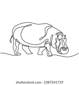 Hipopotamus in Continuous single line art drawing. Hippo animal wildlife. Vector illustration isolated. Minimalist design handdrawn.