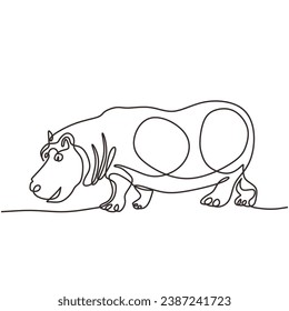 Hipopotamus in Continuous single line art drawing. Hippo animal wildlife. Vector illustration isolated. Minimalist design handdrawn.