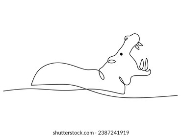 Hipopotamus in Continuous single line art drawing. Hippo animal wildlife. Vector illustration isolated. Minimalist design handdrawn.