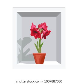 Hippeastrum on the flower shelf. A plant with fruits in a pot. Icon on white background. Isolated Vector Illustration