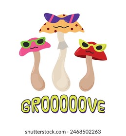 Hippie 60e funny mashrooms with sunglasses vector illustration