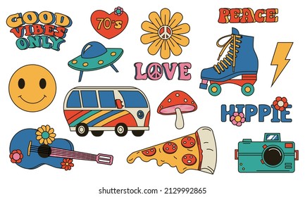 Hippie 70s logo. Cartoon funny psychedelic stickers with pacific peace symbol. Mushroom and pizza. Guitar and hippy van. Lightning, heart or flower icons. Vector isolated retro signs set