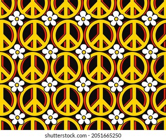Hippie 70s pacifist symbol and flowers seamless pattern. Vector hand drawn line doodle cartoon illustration wallpaper. Trippy 70s lsd print,60s pacific circle,hippie symbol seamless pattern concept