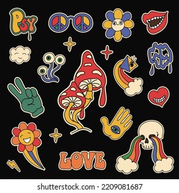 Hippie 70s stickers. Cartoon psychedelic funny comic cute characters and doodles.. Mushroom and skull, pacific and Flower Vector set