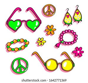 Hippie accessories on a white background. Collection. Vector illustration.