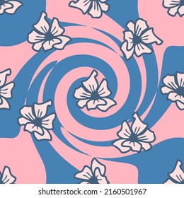 Hippie aesthetic floral swirl dizzy pattern with flowers. Giddy print in 1970s style for T-shirt, textile and fabric. Doodle vector illustration for decor and design.

