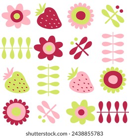 Hippie aesthetic pattern with daisy flowers, strawberries and dragonflies. Psychedelic print for paper, textile and fabric. Hand drawn geometric vector background.

