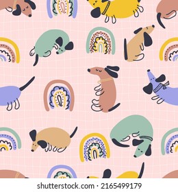 Hippie aesthetic seamless pattern with dachshunds and rainbows. Groovy background for T-shirt, poster, card and print. Doodle vector illustration for decor and design.
