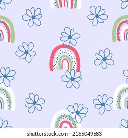 Hippie aesthetic seamless pattern with daisies and rainbows in 1970s style. Floral print for T-shirt, fabric, textile. Doodle vector illustration for decor and design.
