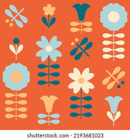 Hippie aesthetic seamless pattern with flowers in bold style. Geometric retro print for T-shirt, poster, textile and fabric. Floral vector background for decor and design.


