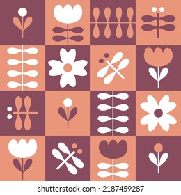 Patrón estético hippie sin costuras con flores de tulipán y libélulas. Impresión geométrica a cuadros para tee, póster, textil y tela. Fondo vectorial floral para decoración y diseño.

