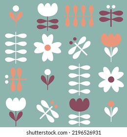 Hippie aesthetic seamless pattern with tulip flowers and dragonflies. Geometric print for tee, poster, textile and fabric. Floral vector background for decor and design.


