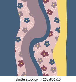 Hippie aesthetic seamless pattern with waves and flowers. Fun groovy print for tee, paper, textile and fabric. Vintage vector illustration for decor and design.
