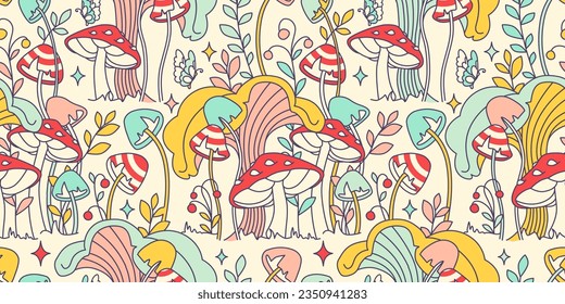 Hippie aesthetic, seamless wallpaper. Crazy fun retro 60s - 70s vibe. Groovy tangled tile seamless pattern with cheerful toadstool, funny fungi and hippy plants.