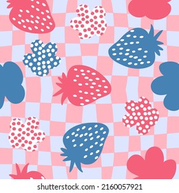 Hippie aesthetic strawberries and spotted flowers seamless pattern. Retro summer print for fabric, paper, T-shirt in 1970s style. Trippy grid distorted vector background for decor and design.

