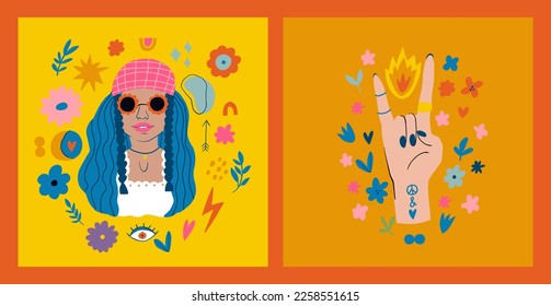 Hippie aesthetic vector illustration. Girl with flowers. Hand depicts Rock sign. Trippy art and groovy nostalgia. 70x character people