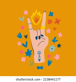 Hippie aesthetic vector illustration. Peace and Love poster. Motivational hand draw slogan.