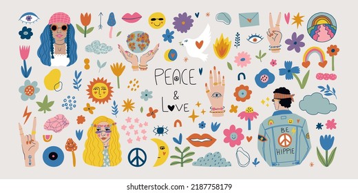 Hippie aesthetic vector illustration. Peace and Love set. Retro set of cute boho elements