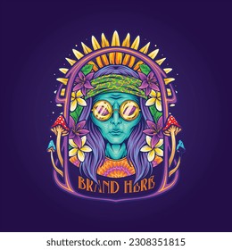 Hippie alien flower children with bohemian flower frame illustrations vector illustrations for your work logo, merchandise t-shirt, stickers and label designs, poster, greeting cards advertising 