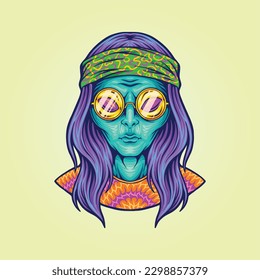 Hippie-Alien-Mädchen mit Brille psychedelische Logo-Illustrationen Vektorgrafiken für Ihr Arbeitslogo, Handelsartikel-T-Shirt, Aufkleber und Etiketten-Designs, Poster, Grußkarten Werbe-Unternehmen oder Marken