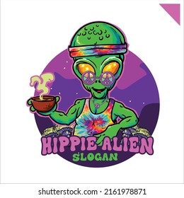 Hippie Alien Illustration holding Hot beverage