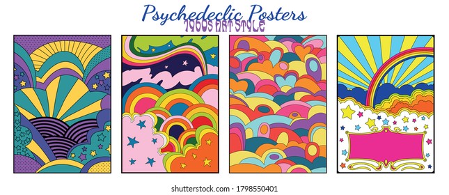 Hippie Art Style Backgrounds, Psychedelic Poster Templates, 1960s Colors And Shapes