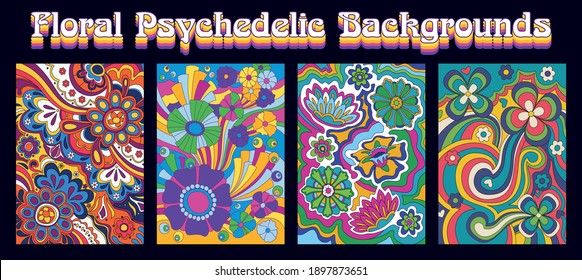 Hippie Art Style Floral Backgrounds, Psychedelic Flowers, Colors And Shapes