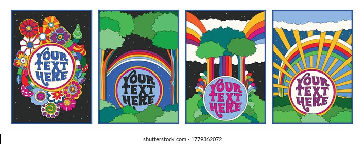 Hippie Art Style Illustrations, Psychedelic Art Poster, Banner Templates from the 1960s