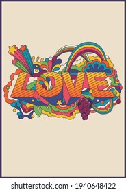 Hippie Art Style Love Illustration, Vintage Lettering 1960s Color Combination