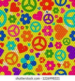 Hippie background realistic texture effect braided friendship bracelet. Colorful seamless pattern with many object. Vector illustration