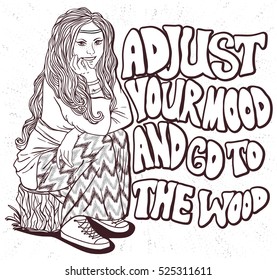 hippie with a backpack, bohemian girl, boho style. Illustration for print, clothing design, and web sites. Philosophy and subculture movement heyday came in the late 1960s -1970s
