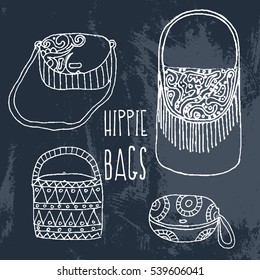 Hippie Bags. Hippie. Boho. Handmade. Vector illustration. on black background
