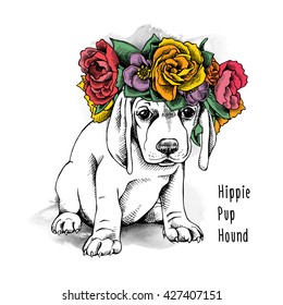 Hippie Basset Hound pup in a floral head wreath. Vector illustration.