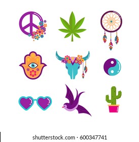 Hippie, bohemian design with icons set, stickers, pins, art fashion chic patches and badges