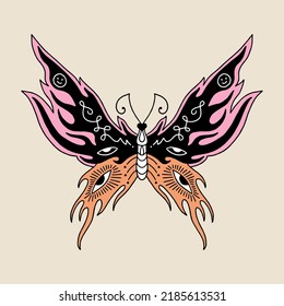 Hippie Bohemian Groovy Funky Butterfly In 1960s Boho Psychedelic Style. Perfect For Tattoo, T-shirt, Music Album Cover, Coloring Page And More. Vector Clipart Illustration.