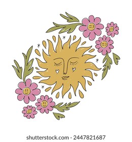 Hippie bohemian groovy funky sun face and flowers in 1960s 1970s boho psychedelic style. Perfect for flash tattoo, T-shirt, music album cover, coloring page, flyer, leaflet and more. Vector