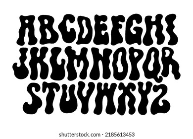 Hippie Bohemian Groovy Postmodern Funky Font Alphabet 1960s Boho Psychedelic Style. Perfect For Posters, Collages, Clothing, Music Albums And More. Vector Clipart Illustrations, Isolated Letters.